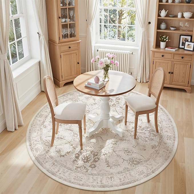 Madane Washable Round Rug 5ft for Living Room, Soft Ultra-Thin Non-Slip Vintage Floral Circle Area Rug, 5x5 Round Throw Carpet for Entryway Nursery Bedroom Kitchen Dining Room (Brown/Ivory, 5'Round)
