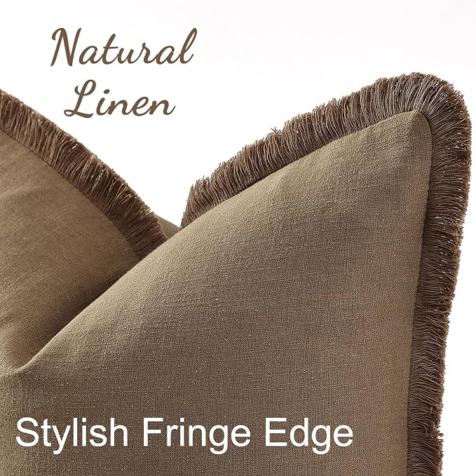 decorUhome Linen Fringe Light Brown Throw Pillow Covers 26x26 Set of 2 | Euro Sham Decorative Soft Accent Modern Boho Farmhouse Cushion Covers with Tassels Cotton Pillow Covers for Couch Bed Sofa