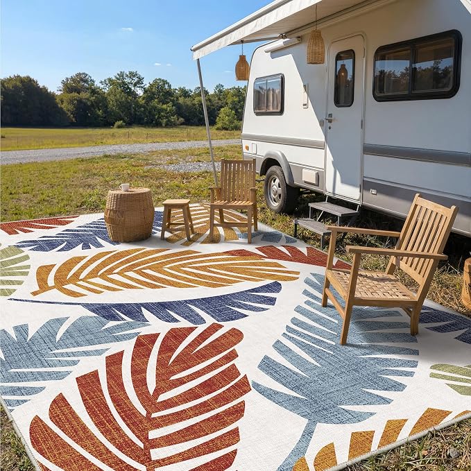 GENIMO 10x14 Outdoor Rug, Washable Quick Dry for Patio, Leaf Rust Navy | Botanical leaf design for gazebo; lightweight chenille with quick-dry non-slip backing for indoor living spaces.