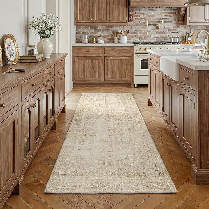 Fmfunctex 2x5 Washable Runner Rug Beige Neutral Vintage Distressed Oriental Traditional Non Slip Low Pile Indoor Carpet Retro Hallway Entryway Rug for Kitchen Living Room Bedroom Laundry Entry Bedside