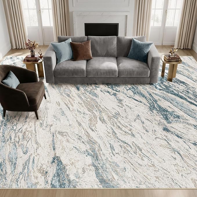 Area Rugs for Living Room: 7X9 Abstract Washable Rug Modern Neutral Large Soft Stain Resistant Non-Slip for Bedroom Dining Room Indoor Home Office Carpet - Blue Brown