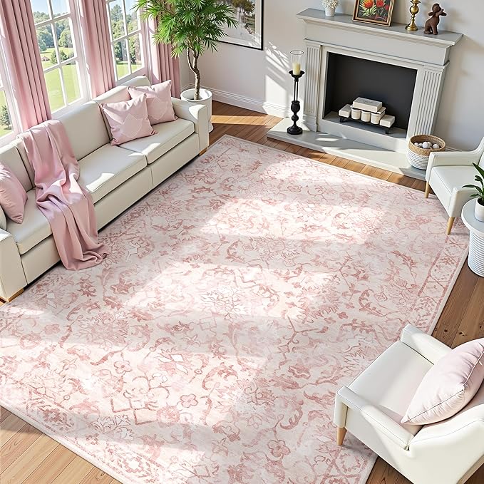 Deerly Pink Area Rugs 9x12 for Living Room Soft Non-Slip, Large Bedroom Rug Vintage Dining Room Rug Tribal Farmhouse Carpet for Dining Room Office Pink