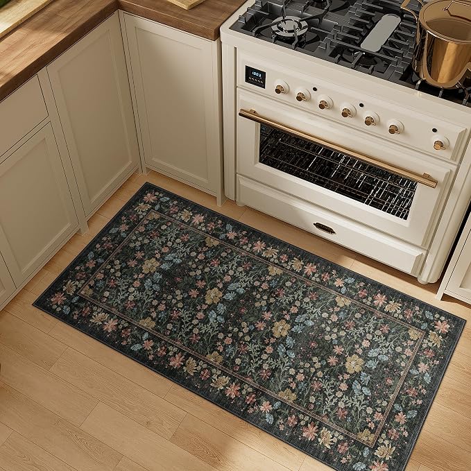 DUKINO 2x4 Rug, Washable Vintage Floral Bathroom Runner Rug, Black | Non Slip, Low Pile, Stain Resistant, Aesthetic Lightweight Soft Indoor Carpet for Kitchen Entryway Hallway Bathroom Bedroom