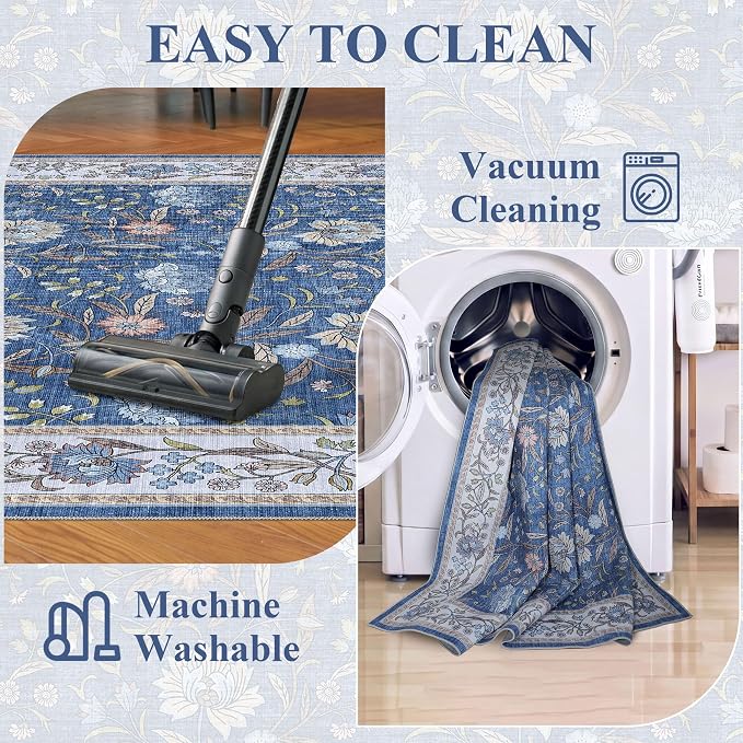DUKINO 2x3 Rug, Washable Vintage Floral Bathroom Rugs Non Slip, Sky Blue | Low Pile, Stain Resistant Boho Soft Indoor Door Mat, Small Front Door Carpet for Entryway Kitchen Laundry Bedroom Farmhouse