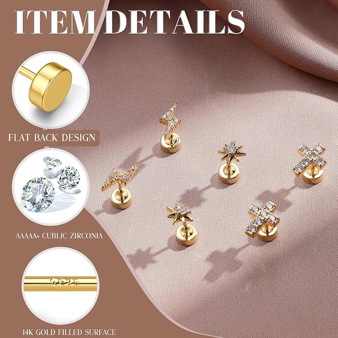 14K Gold Plated Solid 925 Sterling Silver Post Flat Back Earrings Stud | Cartilage Helix Conch Tragus Piercing Jewelry 3 Pairs Tiny Screw Dainty CZ Opal Earring Set Men Women