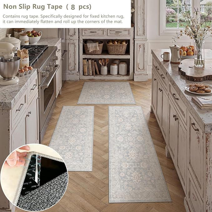 2 Piece Blue Cream Washable Kitchen Rug Set Neutral Floral Soft Non Slip Runner Mats Low Pile Distressed Long Area Rugs for Floor Sink Laundry Hallway Bathroom, 2x6 + 2x10