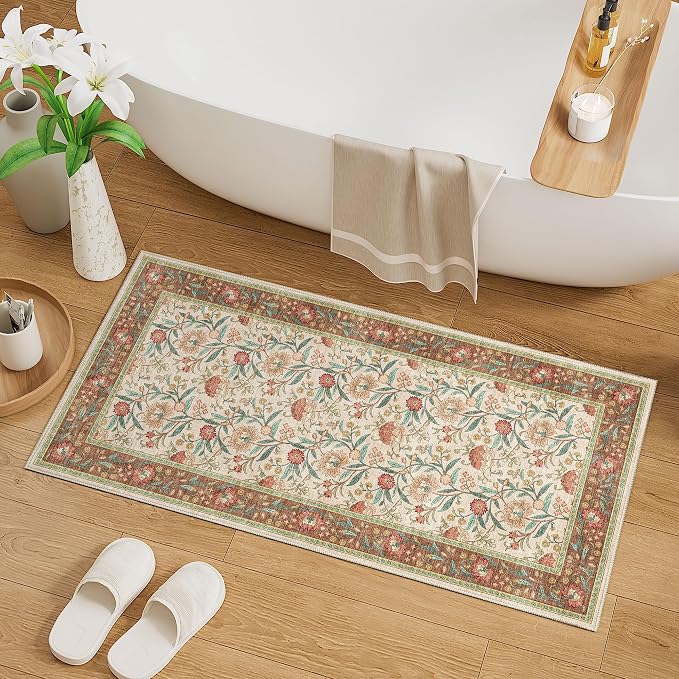 DUKINO 2x4 Rug, Washable Vintage Floral Entryway Rug Non Slip, Brown | Low Pile, Non-Shedding, Stain Resistant Boho Lightweight Soft Indoor Carpet for Kitchen Bathroom Hallway Laundry Farmhouse