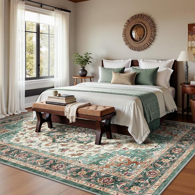 6x9 Area Rugs - Washable Rug Vintage Distress Boho Medallion Rugs for Living Room, Soft Non-Slip Backing Low Pile Carpet for Bedroom Dining Room Office Nursery Dorm Home, Green Brown