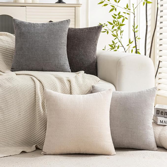 Set of 4 Soft Textured Decorative Throw Pillow Covers 20x20 Inch Cozy Farmhouse Cushion Cover Square Accent Pillow Cases for Bed Couch Sofa Living Room, Grey Series