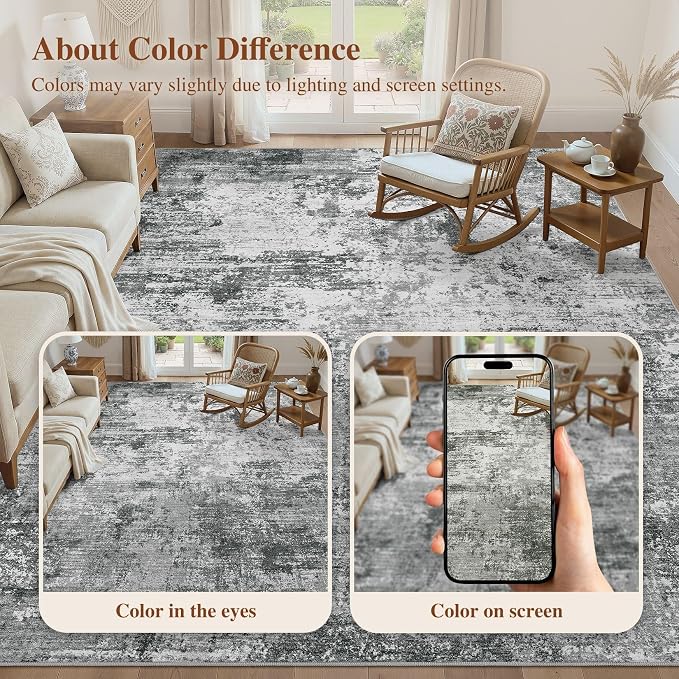 UERMEI 10x12 Area Rug for Living Room - Washable Neutral Modern Abstract Carpet, Non-Slip Soft Large Indoor Floor Rugs for Bedroom Home Office & Under Dining Table Decor, Grey Black