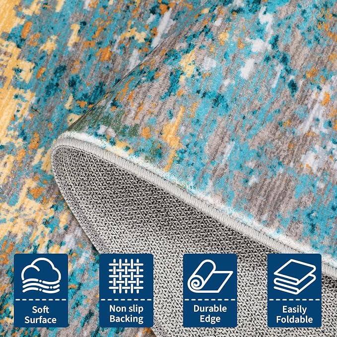 ROYHOME Modern Abstract Runner Rug 2x5 Washable Non Slip Stain Resistant Rug for Bedroom Living Room Non Shedding Low Pile Indoor Floor Cover,Multi Color