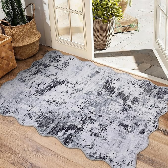 ROYHOME Modern Abstract Scalloped 2x3 Area Rug Non Slip Non Shedding Low Pile Stain Resistant Rug for Entryway Kitchen Bedroom,Grey