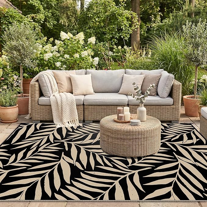 Smiry Outdoor Rug 9x12 ft, Waterproof Reversible Plastic Straw Rugs, Outdoor Area Rug with Leaf Pattern, Outside Floor Mat for Patio, Backyard, Deck, Picnic, Beach, Camping, Black & Beige