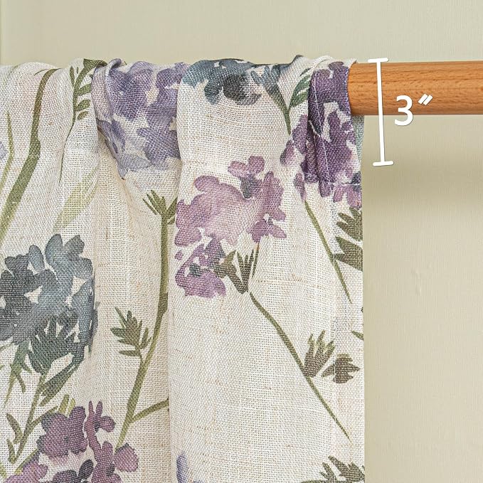 MYSKY HOME Floral Linen Kitchen Tier Cafe Curtains 36 Inch Length 2 Panels Farmhouse Light Filtering Privacy Small Window Treatments Rod Pocket for Bathroom Basement, Purple, 30" Wide Each Panel