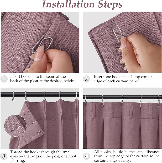 Ash Rose Pinch Pleated Linen Curtains 90 Inch Length 2 Panels for Living Room Bedroom Semi Sheer Window Curtain Boho Neutral Back Tab Pinch Pleat Drape with Hooks 40x90