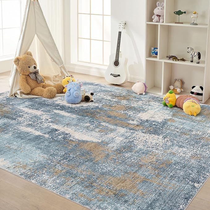 DMOYEST Area Rug Living Room Rugs - 6x9 Washable Soft Indoor Neutral Modern Abstract Low Pile Rug Carpet for Bedroom Dining Room Farmhouse Home Office - Blue Brown