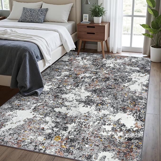 Washable Rug 6x9 Area Rugs: Soft Large Living Room Rug with Anti-Slip Backing Non-Shedding Stain-Resistant Modern Abstract Carpet for Bedroom Dining Room Nursery Home Office-Gray/Multi