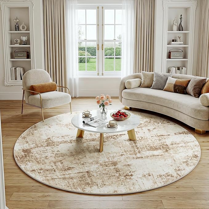FMFUNCTEX 6ft Round Washable Area Rug Brown Beige Abstract Modern Neutral Non Slip Carpet for Living Room Bedroom Soft Low Pile Indoor Contemporary Thin Rug for Dining Room Office Nursery Entry