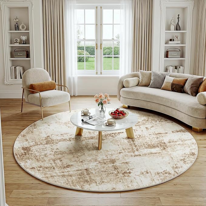 FMFUNCTEX 5ft Round Washable Area Rug Brown Beige Abstract Modern Neutral Non Slip Carpet for Living Room Bedroom Soft Low Pile Indoor Mat Contemporary Thin Rug for Dining Room Office Nursery Bedside