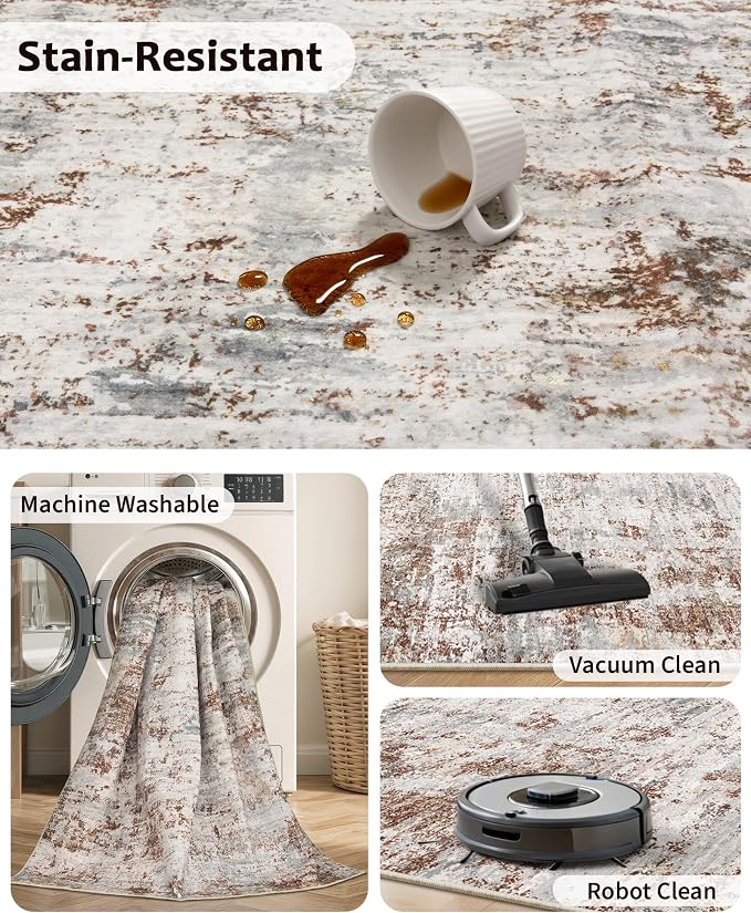 Art&Tuft Washable Rugs 8x10, Anti-Slip Backing Abstract 8x10 Area Rugs, Stain Resistant Large Rugs for Living Room, Foldable Machine Washable Area Rug(8'x10', Rust)