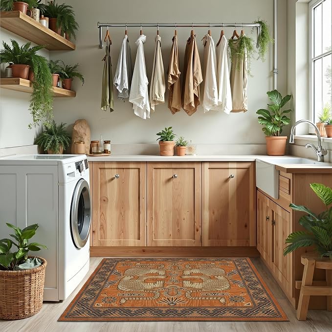 GarveeHome Boho Tiger Entryway Rug, 2x3 Vintage Tribal Washable Front Door Rug Indoor Entrance Animal Carpet Non-Slip Low Pile Throw Rugs for Kitchen Floor, Powder Room, Entry, Bathroom, Kids Room