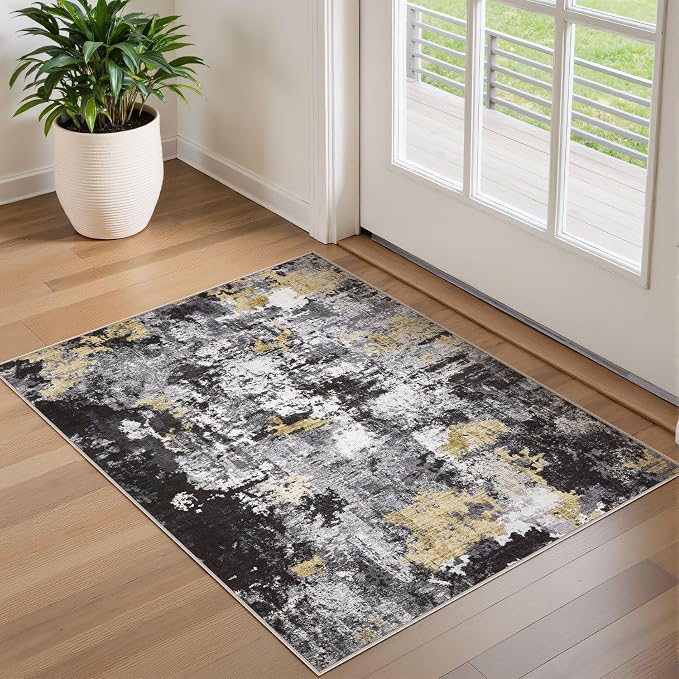 Abstract 2x3 Area Rug: Machine Washable Non Slip Ultra Thin Low-Pile Carpet, Soft Stain Resistant for Entryway Kitchen Bathroom, Kid Pet Friendly, Robot Vacuum Compatible - Black Gold