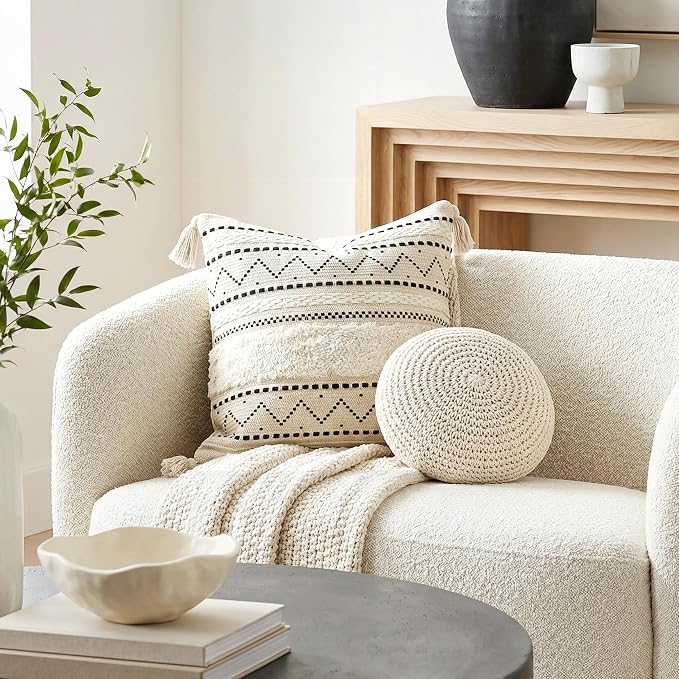 BlissBlush 18X18 Throw Pillow Cover, Cream Neutral Square Decorative Cushion Cover with Black Pattern, Boho Accent Pillowcase with Tufted Details and Tassels for Couch Sofa Living Room (Cover Only)