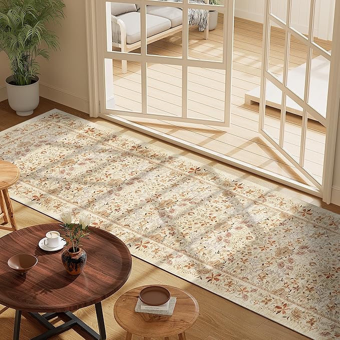DUKINO 2.6x8 Runner Rug, Washable Vintage Floral Kitchen Rug, Beige | Non Slip, Low Pile, Non-Shedding, Stain Resistant, Soft Throw Carpet Runner for Hallway Bathroom Laundry Entryway Farmhouse