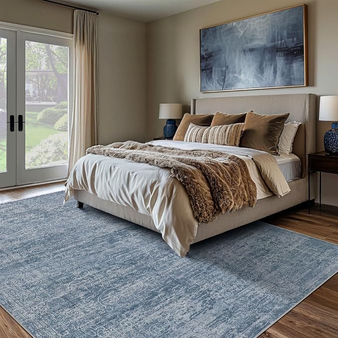 DMOYEST Area Rug Living Room Rugs - 5x7 Large Soft Indoor Neutral Modern Abstract Low Pile Washable Rug Carpet for Bedroom Dining Room Farmhouse Home Office - Dark Blue