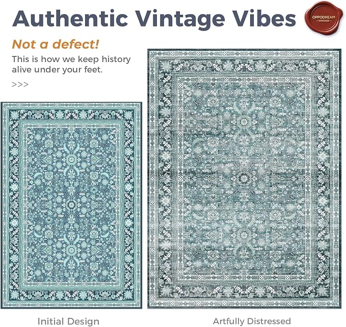 OPPODREAM Vintage Teal Round Rug 6ft, 6 ft Retro Washable Circle Rug Non Slip, Low-Pile Faux Wool Circular Carpet, Distressed Floor Mat for Living Room, Bedroom, Office, Dorm, Dinning Room