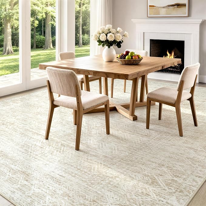 9X12 Area Rug for Living Room, Washable Moroccan Geometric Rug Soft Non-Slip Rubber Vintage Boho Large Rug, Low Pile Farmhouse Carpet for Bedroom Dining Room Nursery Modern Office (Beige, 9'x12')
