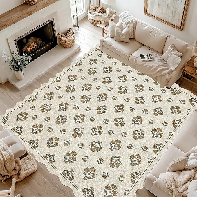 ORTIGIA Scalloped Easy Jute 8x10 Area Rug Vintage Yellow Block Floral Farmhouse Washable Rug Non-Slip Indoor Outdoor Carpet for Living Room Bedroom Patio Entryway