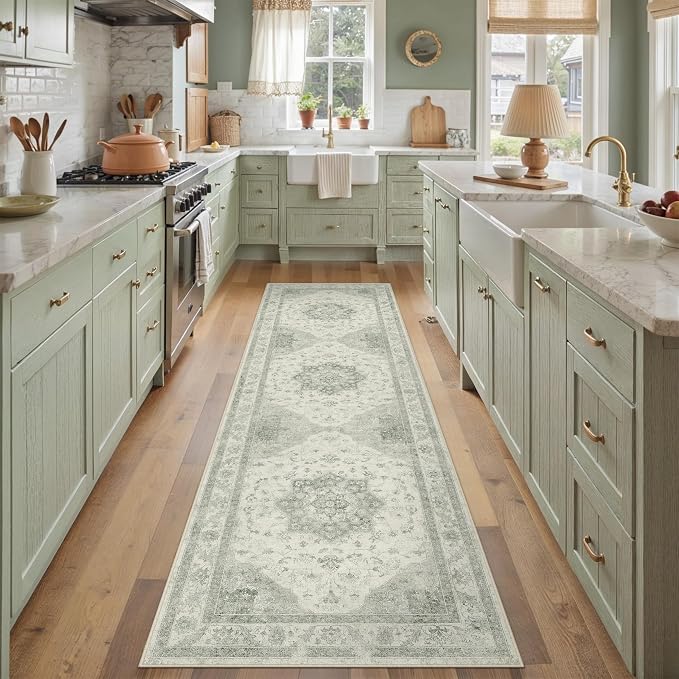 PureCozy Green Runner Rug 2x8 Washable Vintage Carpet Hallway Kitchen Soft Retro Low Pile Thin Indoor Bedroom Non Slip Oriental Medallion Long Throw Rug for Bathroom Laundry Dining Room