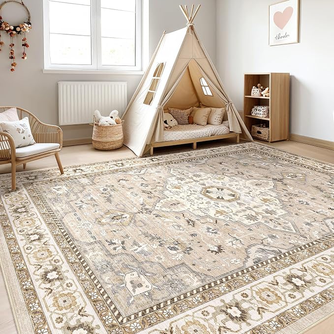 8x10 Area Rugs Living Room: Washable Boho Large Neutral Vintage Soft Rug Stain Resistant Farmhouse Non-Slip Indoor Floor Carpet for Bedroom Nursery Kids Playroom Office Dining Room- Beige Grey