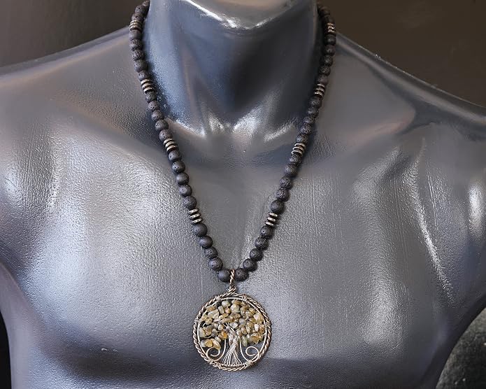 ElisaJewelryArt - Natural Labradorite Big Tree Of Life Black Lava Stone Beaded Necklace Genuine Gemstone Energy Stone Clasp Closure Necklace Unisex Necklace