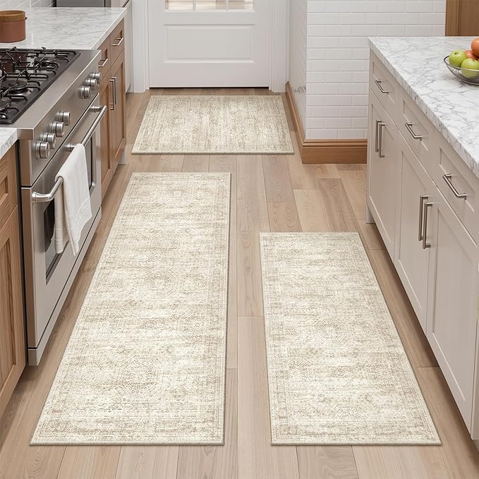 Kitchen Rugs Sets of 3, 2x3 2x4 2x5 Rug Runner,Beige | 3 Piece Washable Rug for Hallway,Entryway,Bedroom,Dining Room,Thin,Soft Runner Rug,Stain Resistant Indoor Carpet,Non Slip