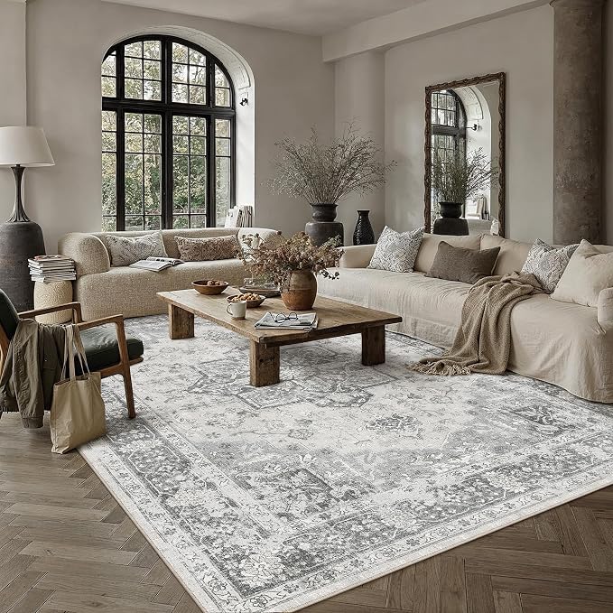 PureCozy Gray 8x10 Area Rug Washable Vintage Living Room Carpet Non Slip Retro Distressed Low Pile Soft Oriental Medallion Thin Large Grey Throw Rug for Office Bedroom Dining Room Playroom