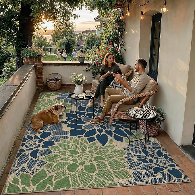 PureCozy 5x7 Easy Jute Outdoor Rug Navy/Green Floral Textured Indoor Outdoor Area Rug Farmhouse Patio Carpet for Backyard, Patio, Porch, Easy-Cleaning, High Traffic, Pet-Friendly, Non-Shedding