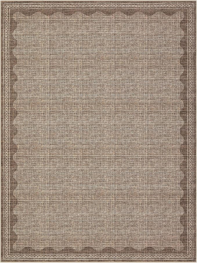 9x12 Scalloped Area Rugs Coffee Washable Living Room Bedroom Rug | Solid Tan Rug for Bedroom Girls, Non Slip Throw Carpet With Rubber Back, Soft Dorm Nursery Scalloped Rugs for Dining Room