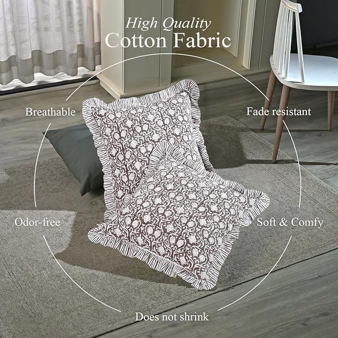 CPC Mocha Regal Hand Block Print 100% Cotton Ruffle Throw Pillow Cover 20x20 inch with Hidden Zipper Decorative for Couch, Bed, Sofa, Farmhouse, Cottagecore Decor Gift Christmas Fall Thanksgiving