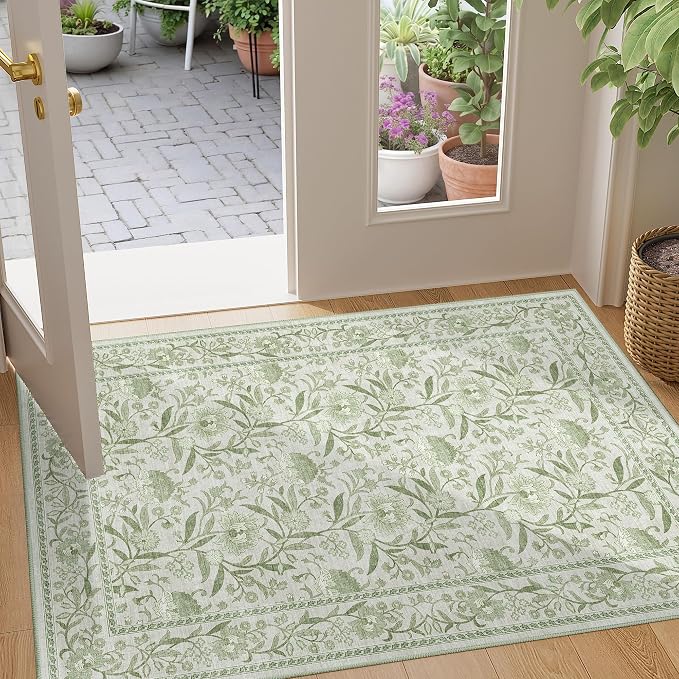 DUKINO 2x3 Rug, Washable Vintage Floral Bathroom Rugs Non Slip, Sage Green | Low Pile, Stain Resistant Boho Soft Indoor Door Mat, Small Front Door Carpet for Entryway Kitchen Laundry Bedroom Farmhouse