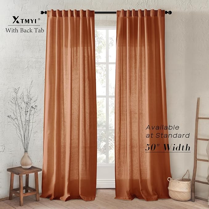 XTMYI Burnt Orange Curtains 2 Panels 84 Inches Long for Bedroom,Boho Back Tab Hooks Pleated Linen Sheer Pumpkin Color Fall Curtains for Living Room