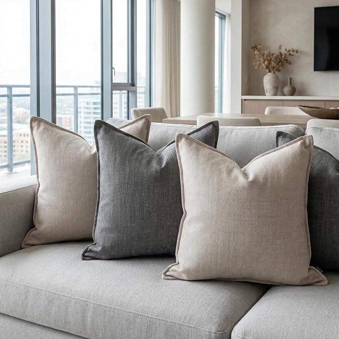 18x18 Inches Throw Pillow Covers Set of 4 Soft Textured Chenille Decorative Cushion Cases for Couch Sofa Bed Modern Farmhouse Neutral Accent Covers with Hidden Zipper Beige Coffee