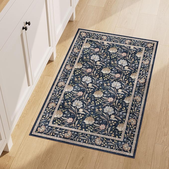DUKINO 2x3 Rug, Washable Vintage Floral Bathroom Rugs Non Slip, Navy Blue | Low Pile, Stain Resistant Boho Soft Indoor Door Mat, Small Front Door Carpet for Entryway Kitchen Laundry Bedroom Farmhouse