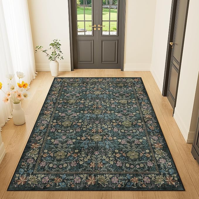 DUKINO 3x5 Rug, Washable Vintage Floral Bedroom Area Rug Non Slip, Blue | Low Pile, Non-Shedding, Aesthetic Lightweight Soft Indoor Small Carpet for Bathroom Entryway Living Room Office Farmhouse