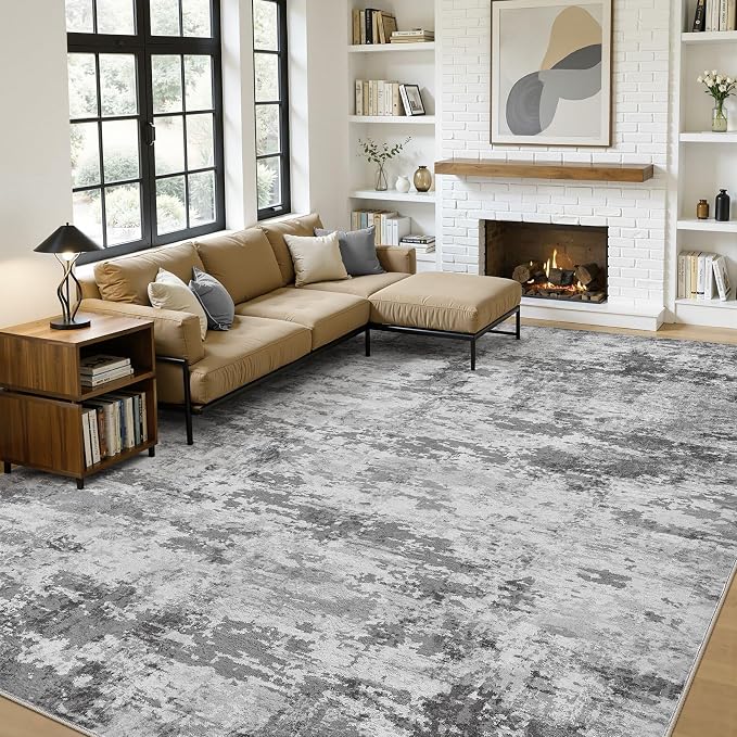 10x14 Area Rugs for Living Room, 10x14 Rug Washable High-Low Pile | Neutral Modern Abstract Carpet, Non Slip Lightweight Soft Made for Dining Room, Home Office Indoor Decor - Dark Gray