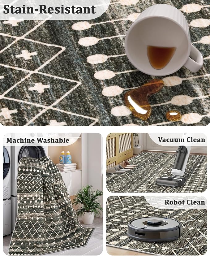 Miukiki 2x6 Hallway Runner Rug Moroccan Washable Kitchen Rug Non Slip Indoor Floor Kitchen Runner Rug Foldable Carpet for Bathroom Laundry Room with Low Pile(Black,2'x6')