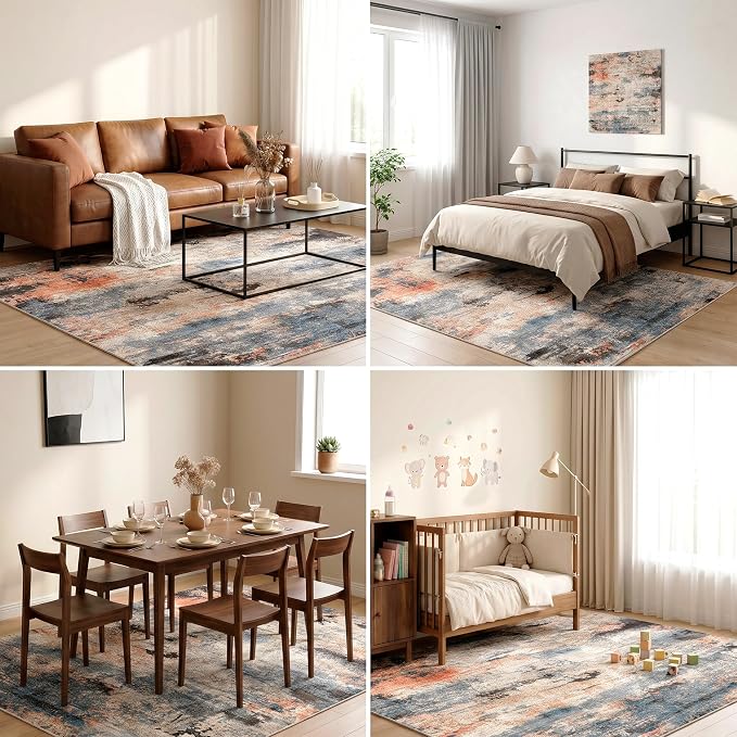 Low Pile Area Rug for Home Office Under Desk, Washable Abstract Carpet Robot Vacuum Compatible 0.3 Inch Cotton-Backed Non-Slip Silicone Grip Dining Room Mat, Terracotta Blue, 5'x7'