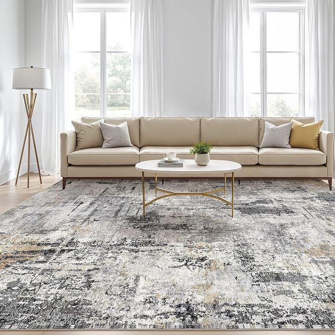 7x9 Area Rug Living Room: Washable Large Abstract Soft Stain Resistant Indoor Floor Rugs Non-Slip Accent Carpet for Bedroom Nursery Playroom Office Dining Room Home House- Gray Beige