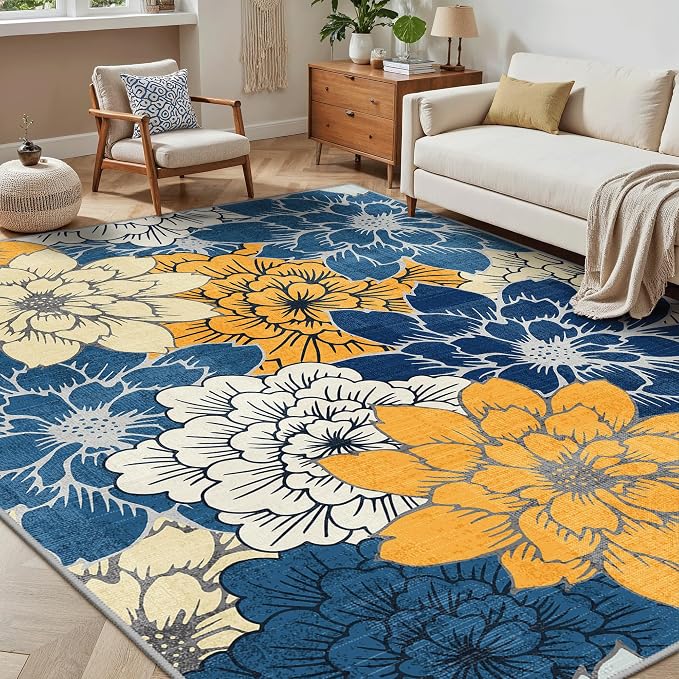 GENIMO 8x10 Outdoor Rug, Washable for Patio and Deck, Blue Yellow | Floral design for backyard; fade resistant chenille with quick-dry non-slip backing for indoor living rooms